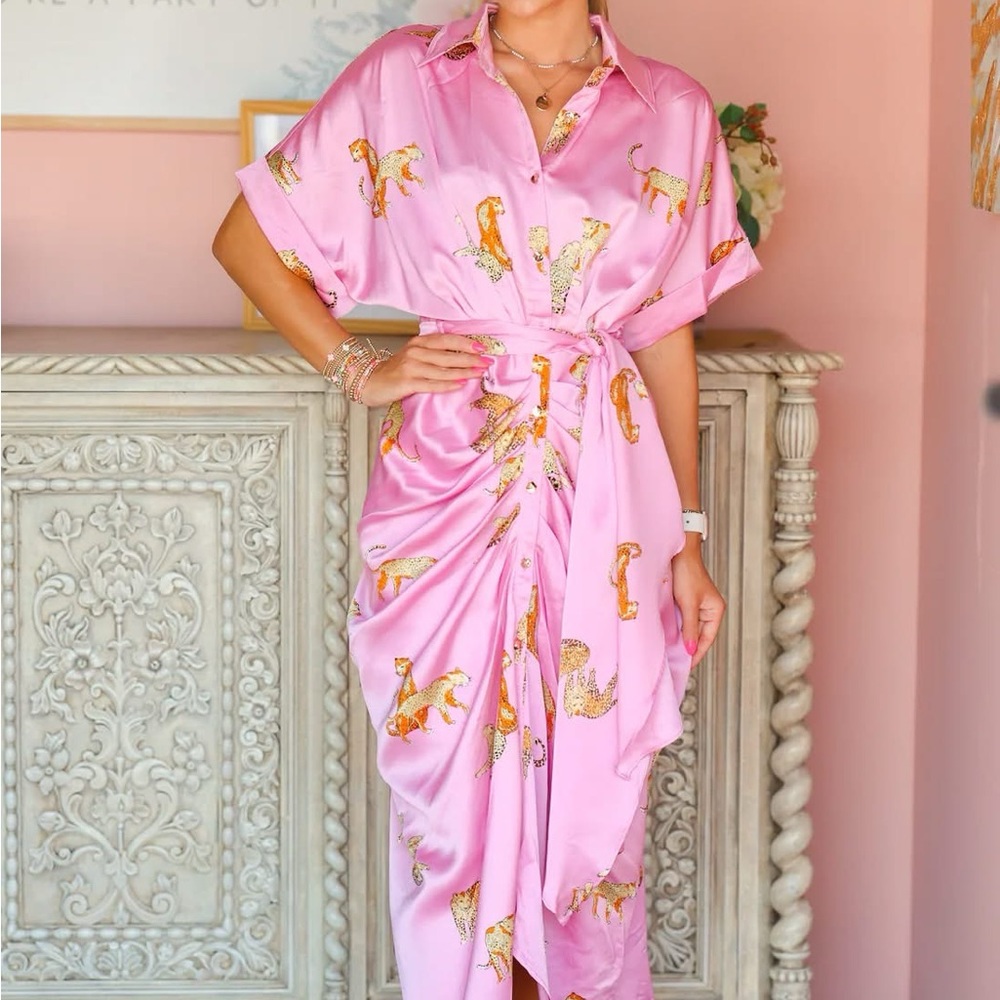 Entro Pink Satin Leopard Print Dress